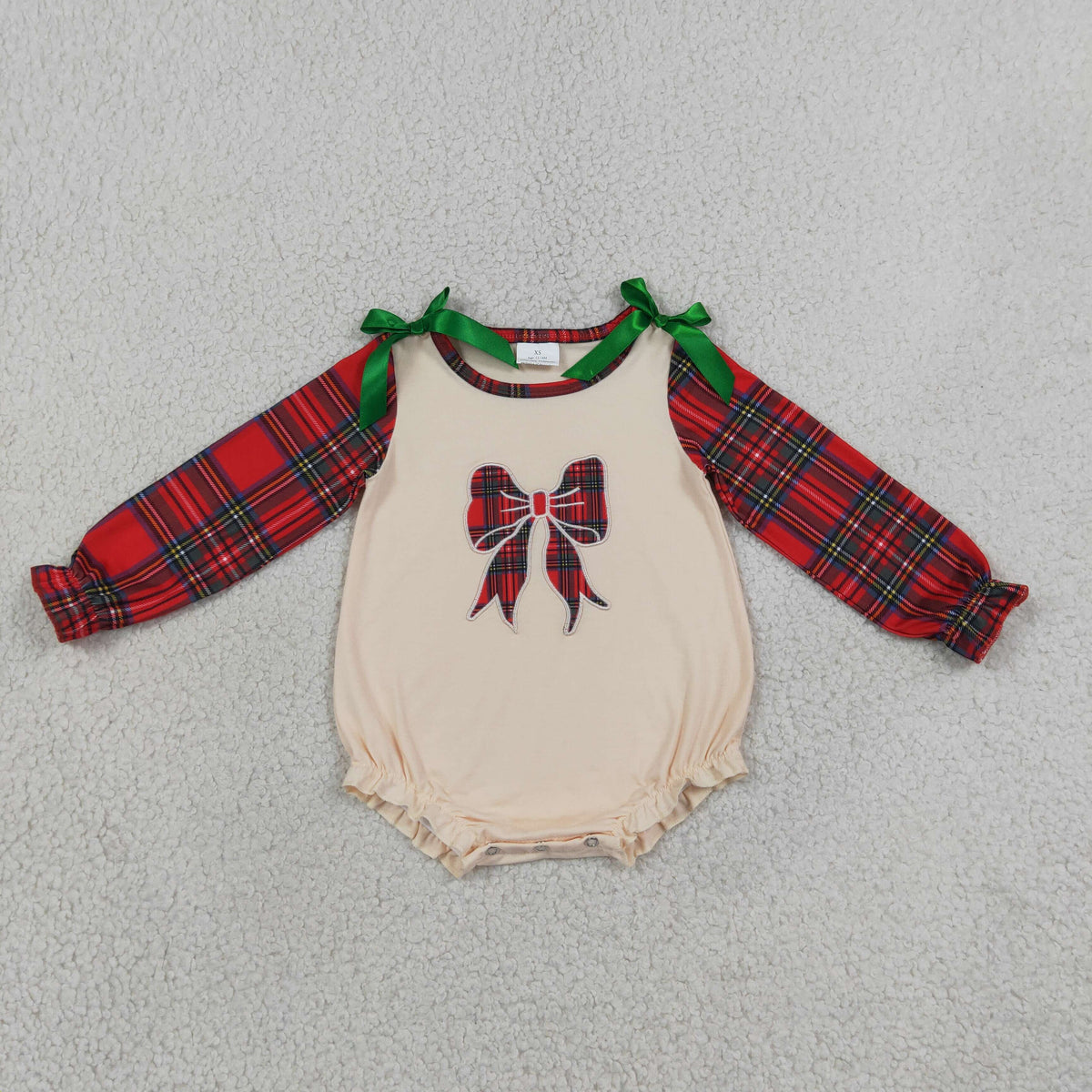 Embroidery Checked Bows Baby Girls Red Green Christmas Ruffle Rompers