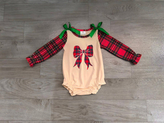 Embroidery Checked Bows Baby Girls Red Green Christmas Ruffle Rompers Preorder