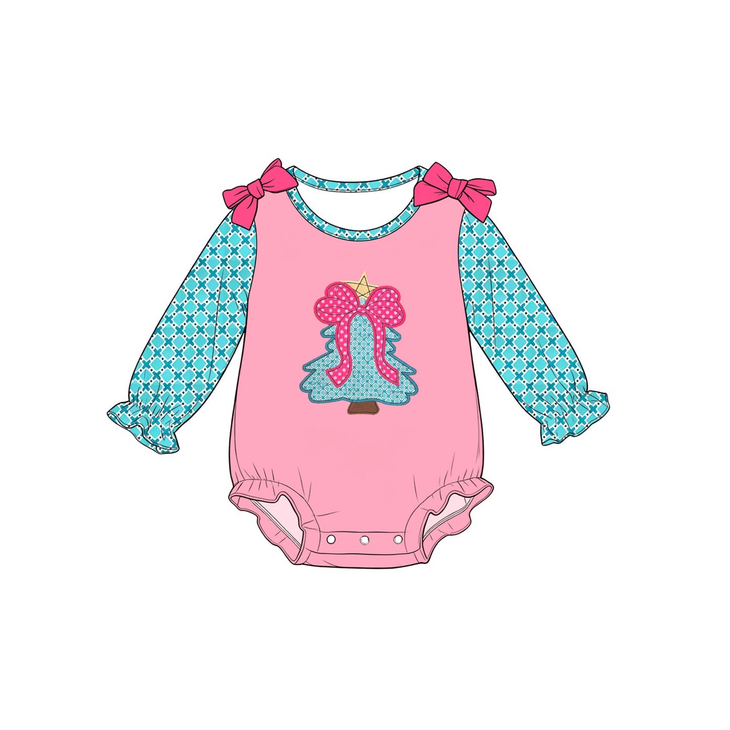 Preorder moq 5 Baby Girls Polka Dots Bow Trees Christmas Ruffle Rompers