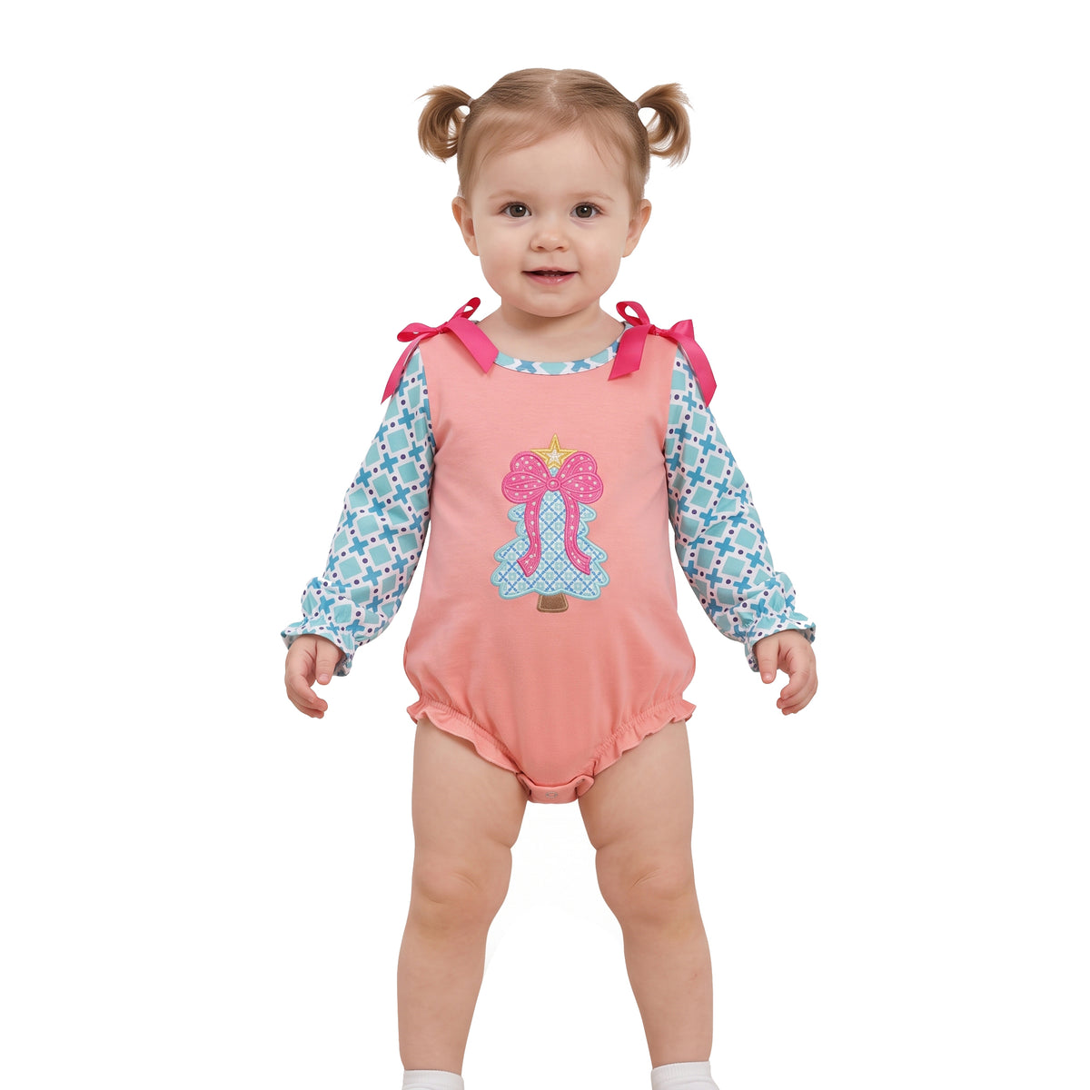 Embroidery Bow Trees Baby Girls Polka Dots Christmas Ruffle Rompers