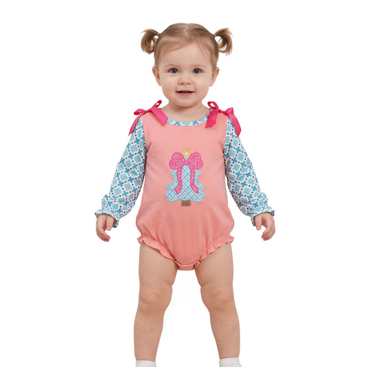 Embroidery Bow Trees Baby Girls Polka Dots Christmas Ruffle Rompers