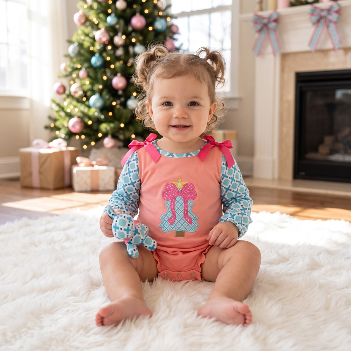Embroidery Bow Trees Baby Girls Polka Dots Christmas Ruffle Rompers