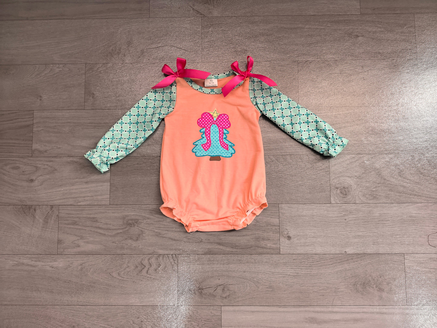 Embroidery Bow Trees Baby Girls Polka Dots Christmas Ruffle Rompers Preorder