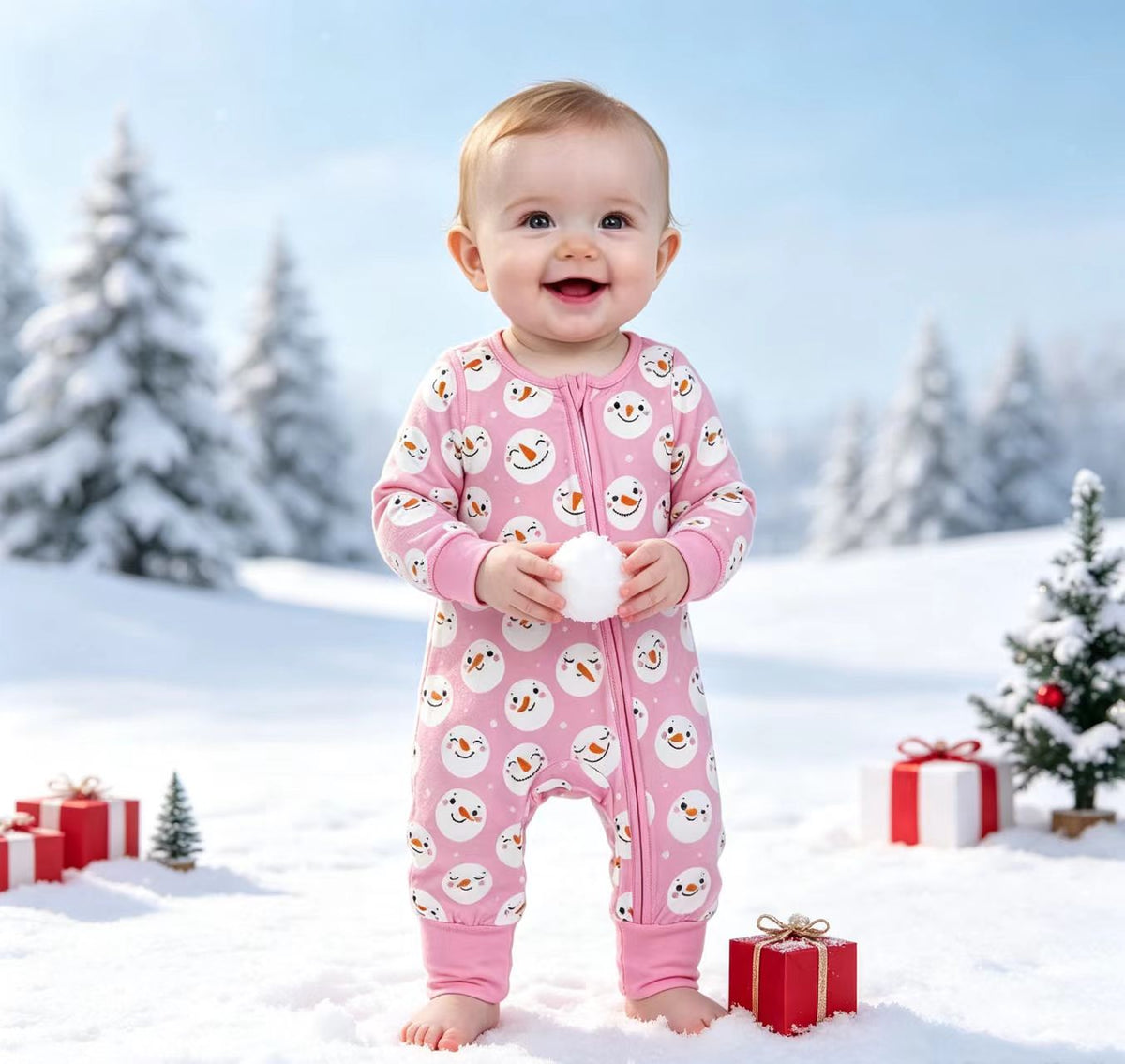 Baby Girls Pink Snowmen Christmas Two Way Zip Convertible Rompers