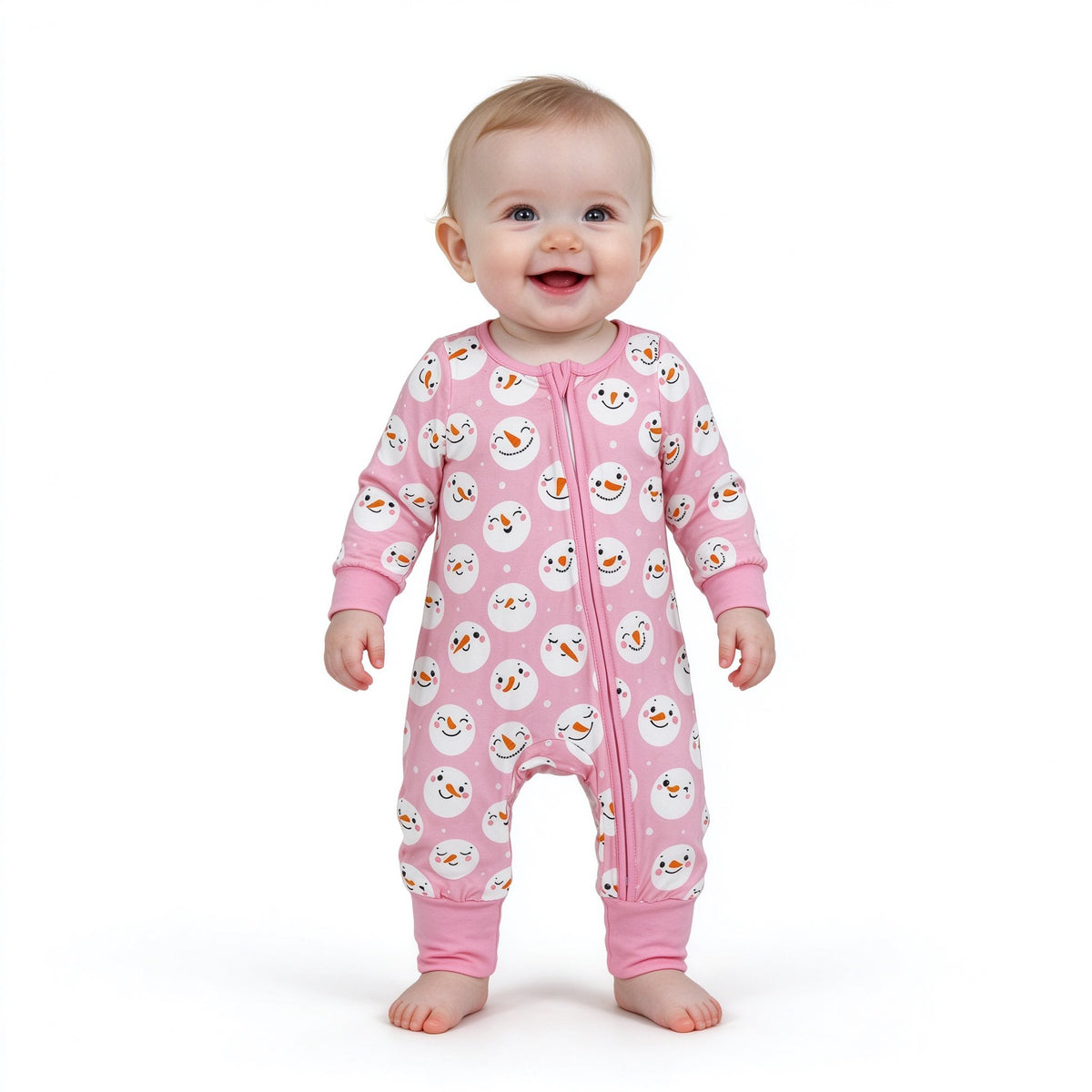 Baby Girls Pink Snowmen Christmas Two Way Zip Convertible Rompers