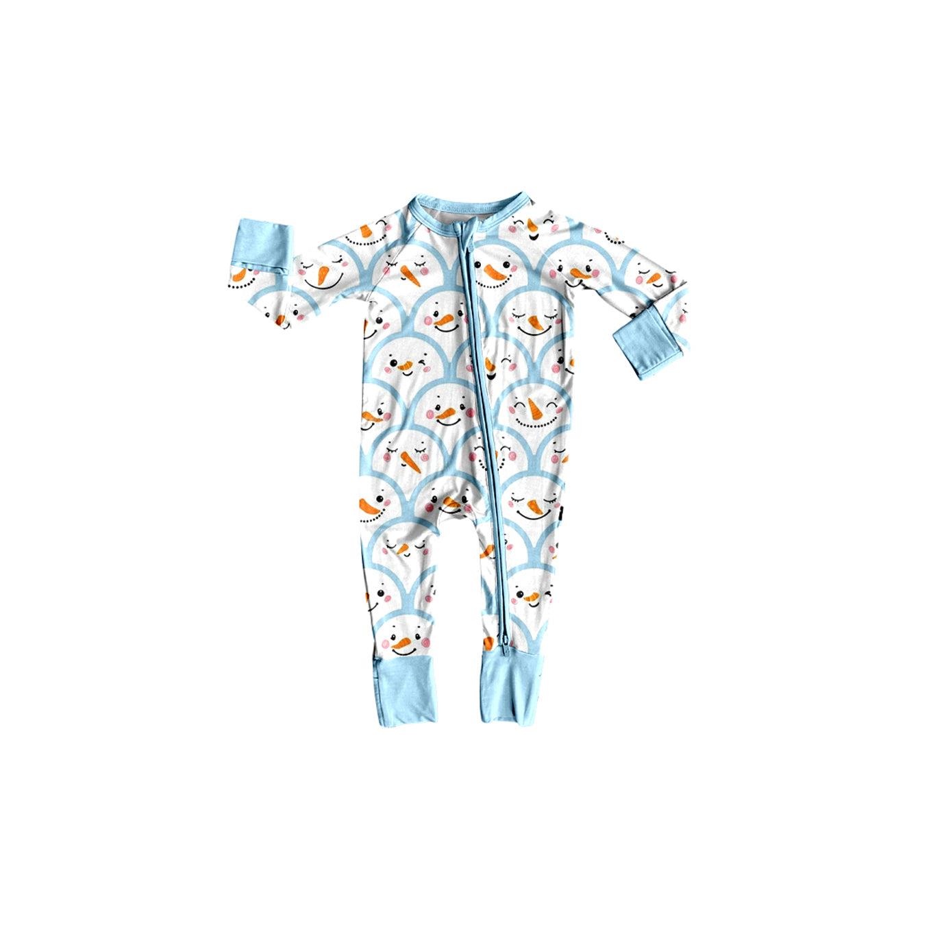 Preorder moq 5 Baby Boys Blue Snowmen Christmas Two Way Zip Convertible Rompers