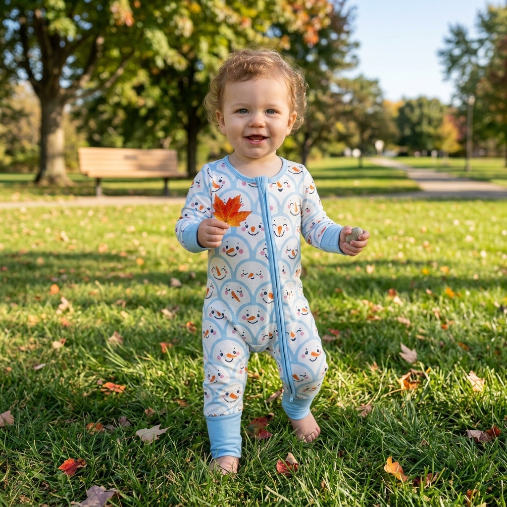 Baby Boys Blue Checked Snowmen Christmas Two Way Zip Convertible Rompers