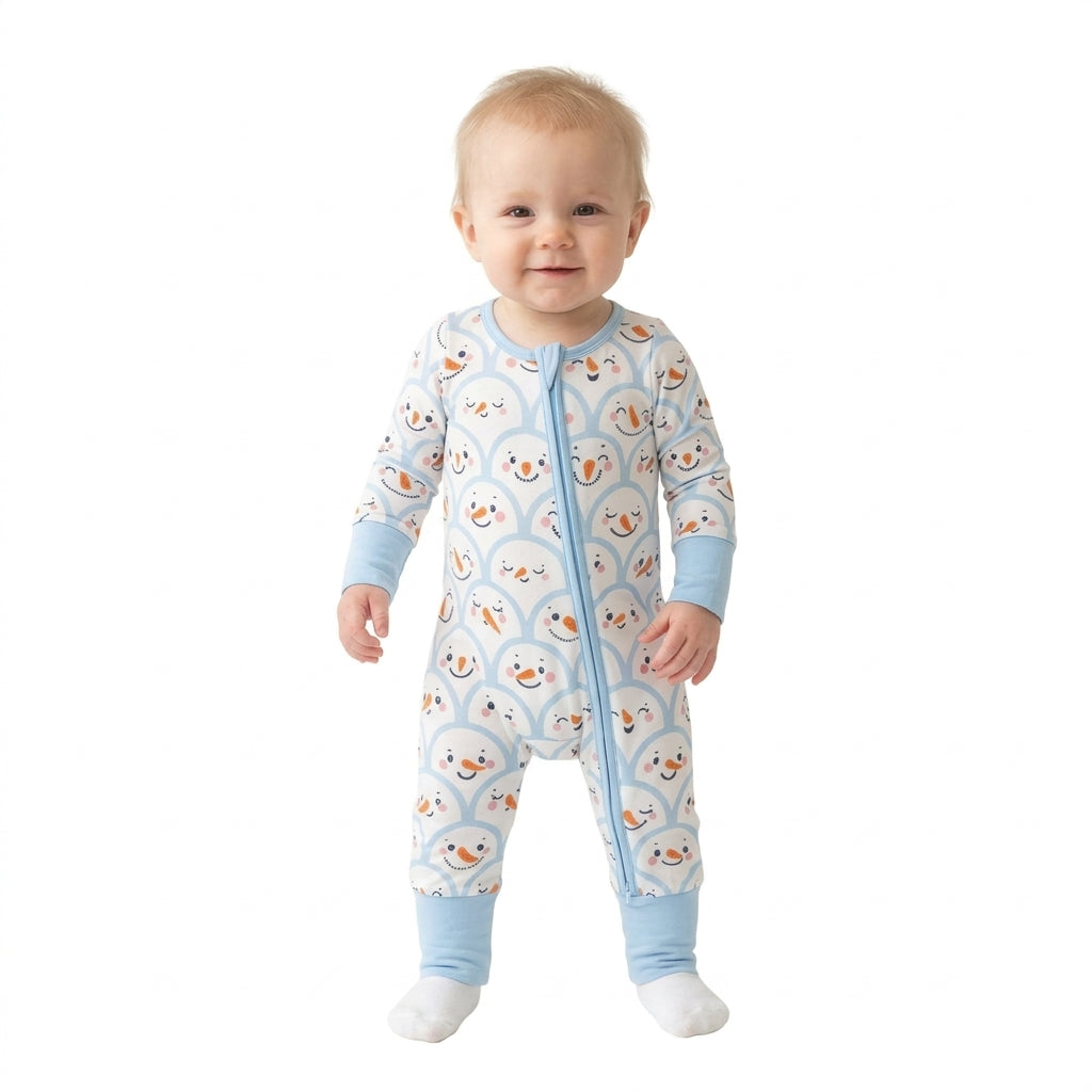 Baby Boys Blue Checked Snowmen Christmas Two Way Zip Convertible Rompers