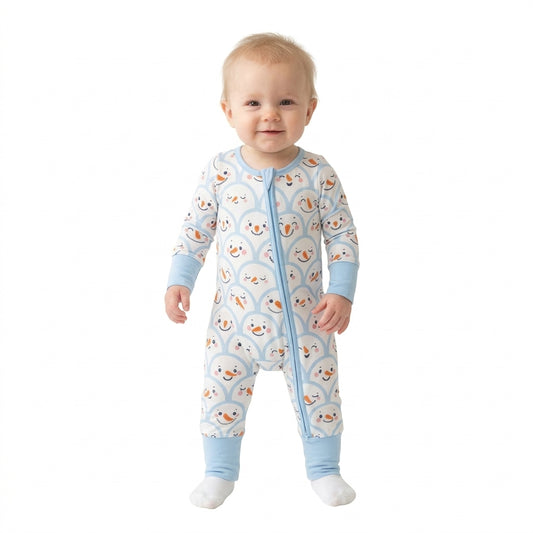 Baby Boys Blue Checked Snowmen Christmas Two Way Zip Convertible Rompers