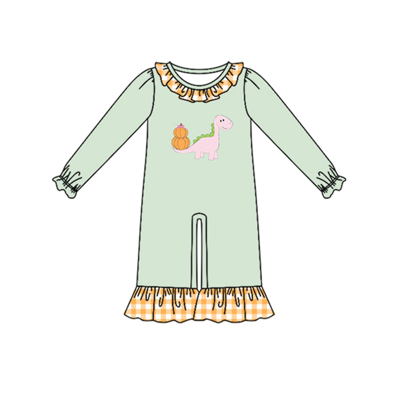 Preorder moq 5 Baby Girls Pumpkins Dinosaur Fall Ruffle Pant Rompers