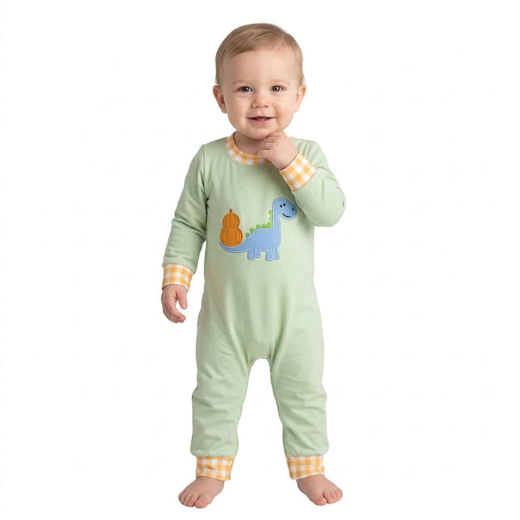 Embroidery Pumpkins Dinosaur Baby Boys Fall Long Sleeve Pant Rompers