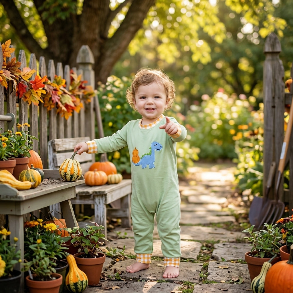 Embroidery Pumpkins Dinosaur Baby Boys Fall Long Sleeve Pant Rompers