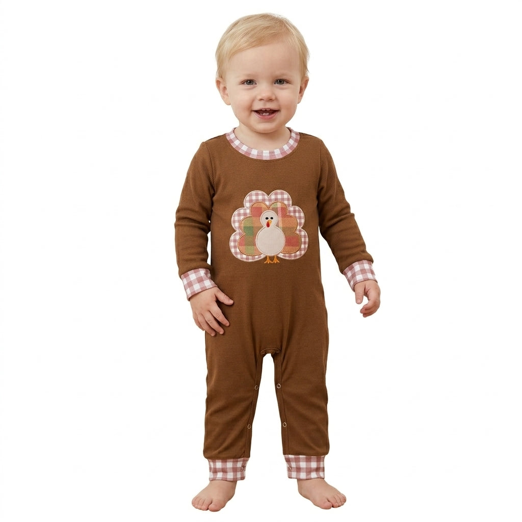 Embroidery Turkey Baby Boys Brown Long Sleeve Thanksgivings Pant Rompers