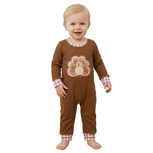 Embroidery Turkey Baby Boys Brown Long Sleeve Thanksgivings Pant Rompers