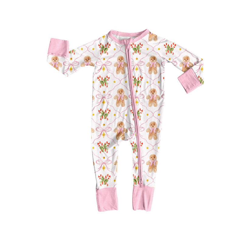 Preorder moq 5 Baby Girls Bows Gingerbread Christmas Two Way Zip Convertible Rompers