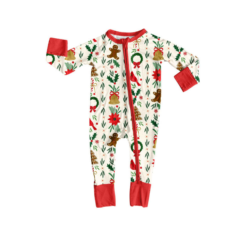 Preorder moq 5 Baby Girls Holly Gingerbread Christmas Two Way Zip Convertible Rompers