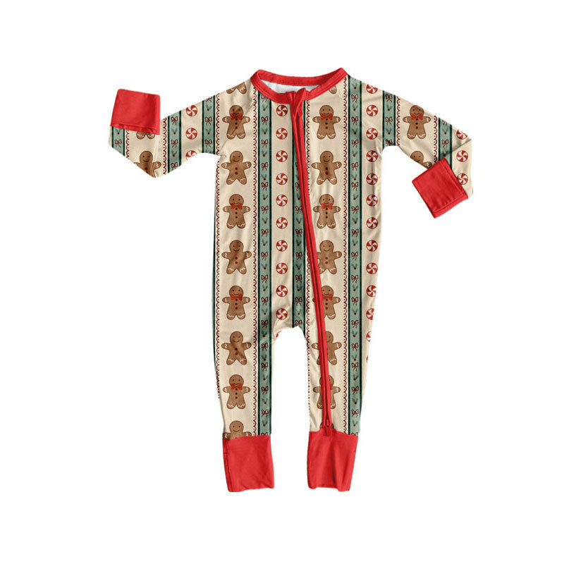 Preorder moq 5 Baby Boys Holly Gingerbread Stripe Christmas Two Way Zip Convertible Rompers