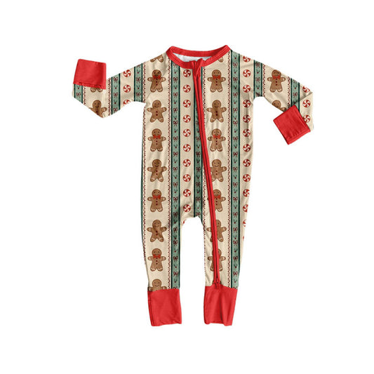 Preorder moq 5 Baby Boys Holly Gingerbread Stripe Christmas Two Way Zip Convertible Rompers