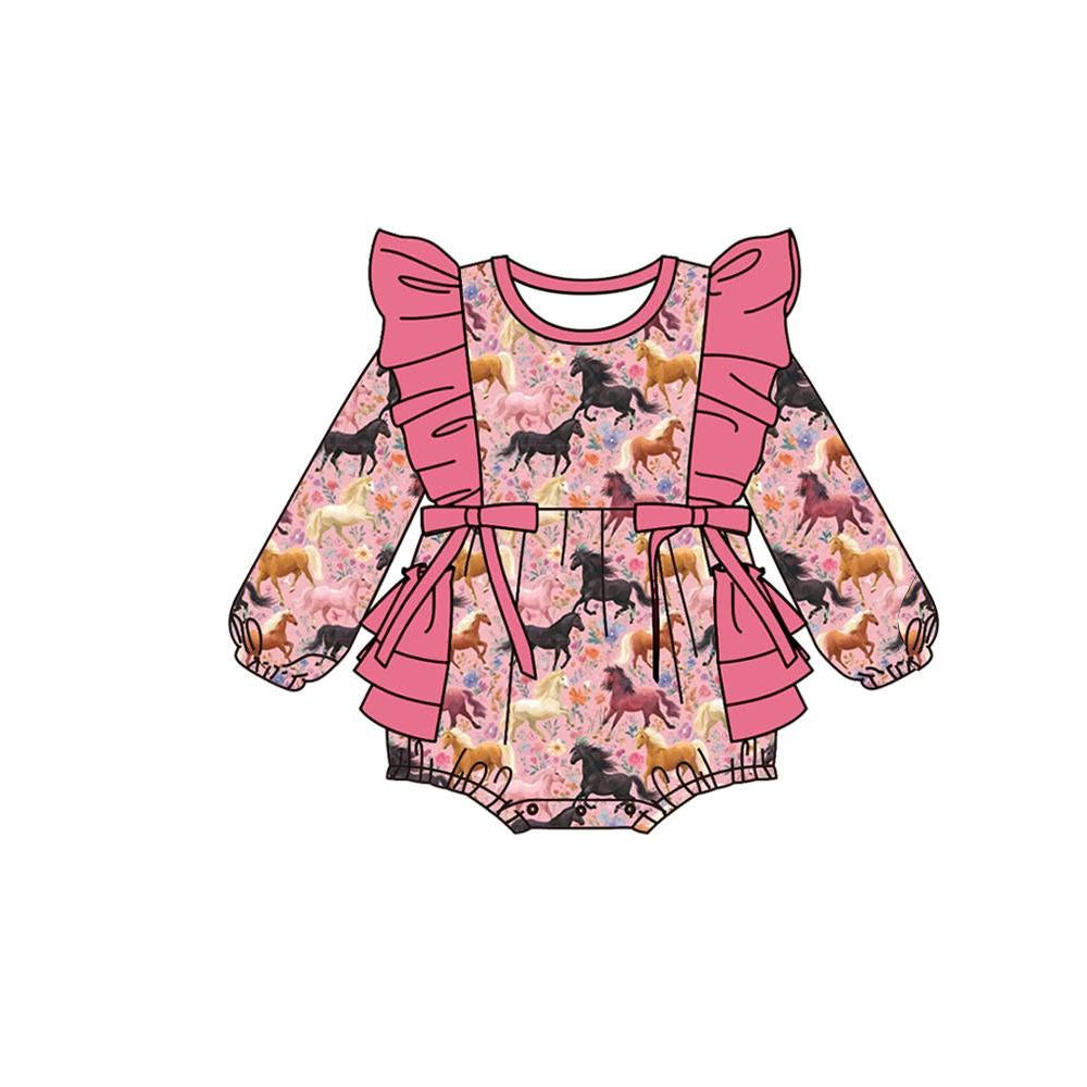 Preorder moq 5 Baby Girls Flowers Horses Western Bows Bubble Ruffle Rompers