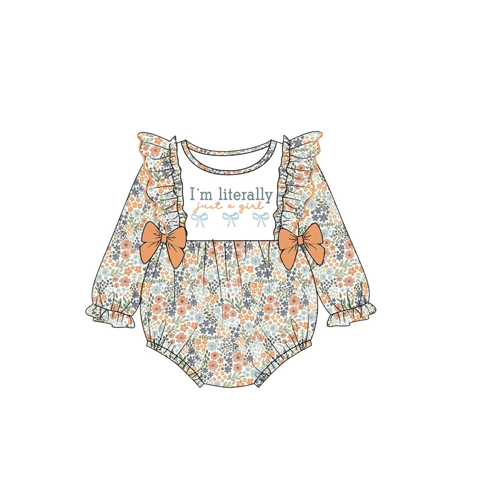 Preorder moq 5 Baby Girls Flowers I'm Literally Just a Girl Bows Ruffle Rompers