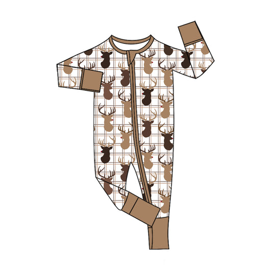 Preorder moq 5 Baby Boys Khaki Checked Deer Hunting Two Way Zip Convertible Rompers