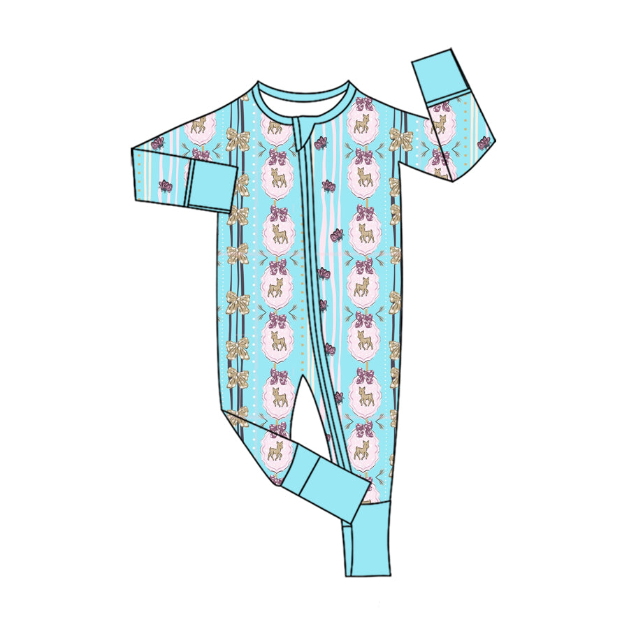 Preorder moq 5 Baby Girls Bows Deer Stripe Christmas Two Way Zip Convertible Rompers