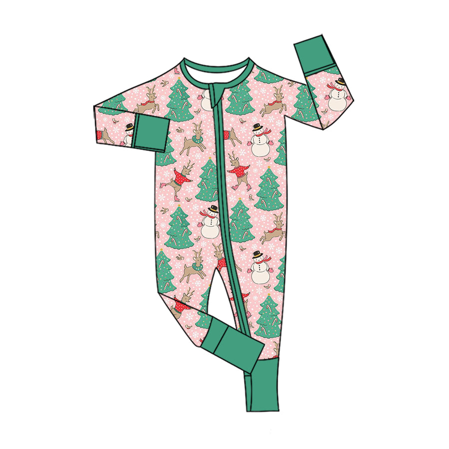 Preorder moq 5 Baby Girls Pink Deer Snowmen Christmas Two Way Zip Convertible Rompers