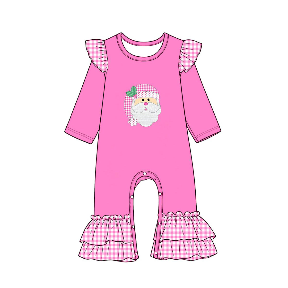 Preorder moq 5 Baby Girls Pink Santa Holly Christmas Ruffle Pant Rompers