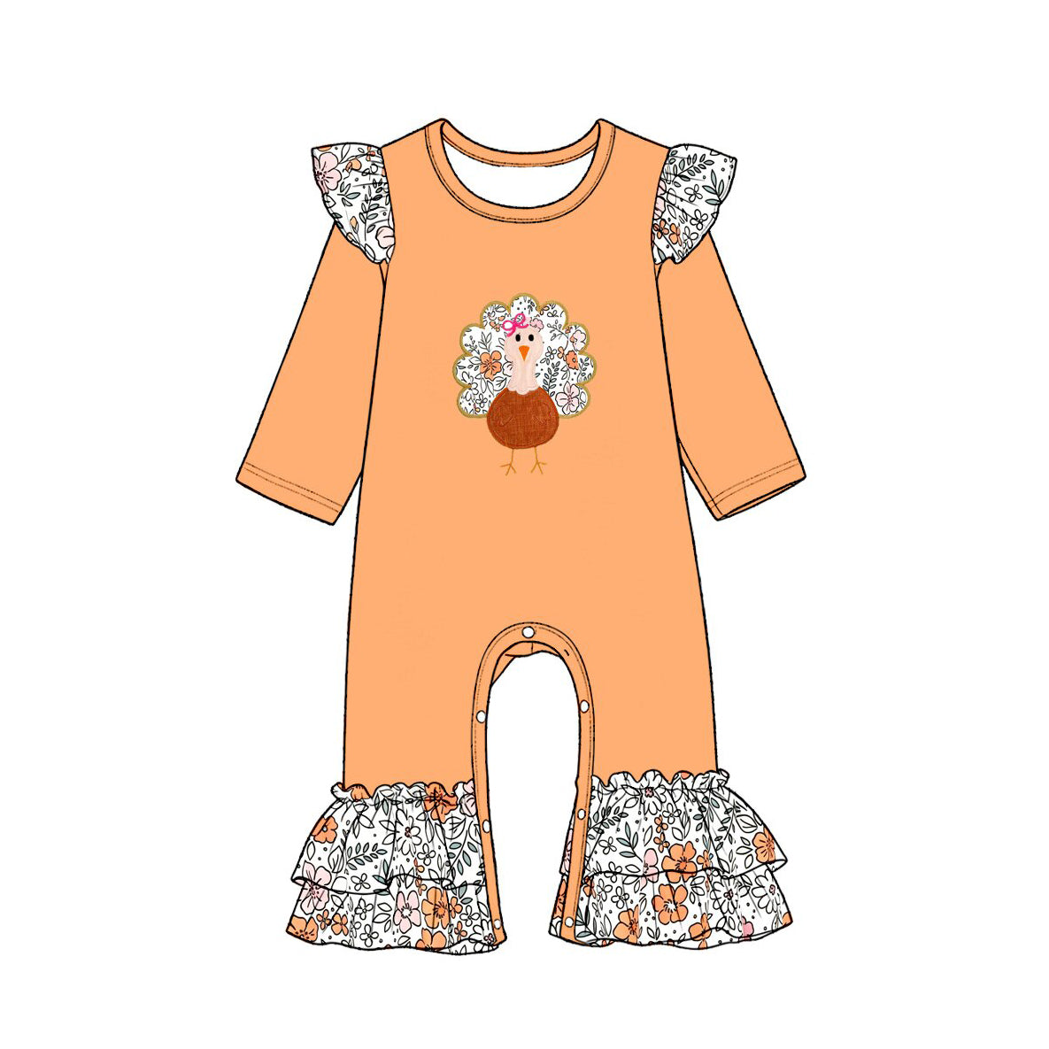 Preorder moq 5 Baby Girls Flowers Turkey Thanksgivings Ruffle Pant Rompers