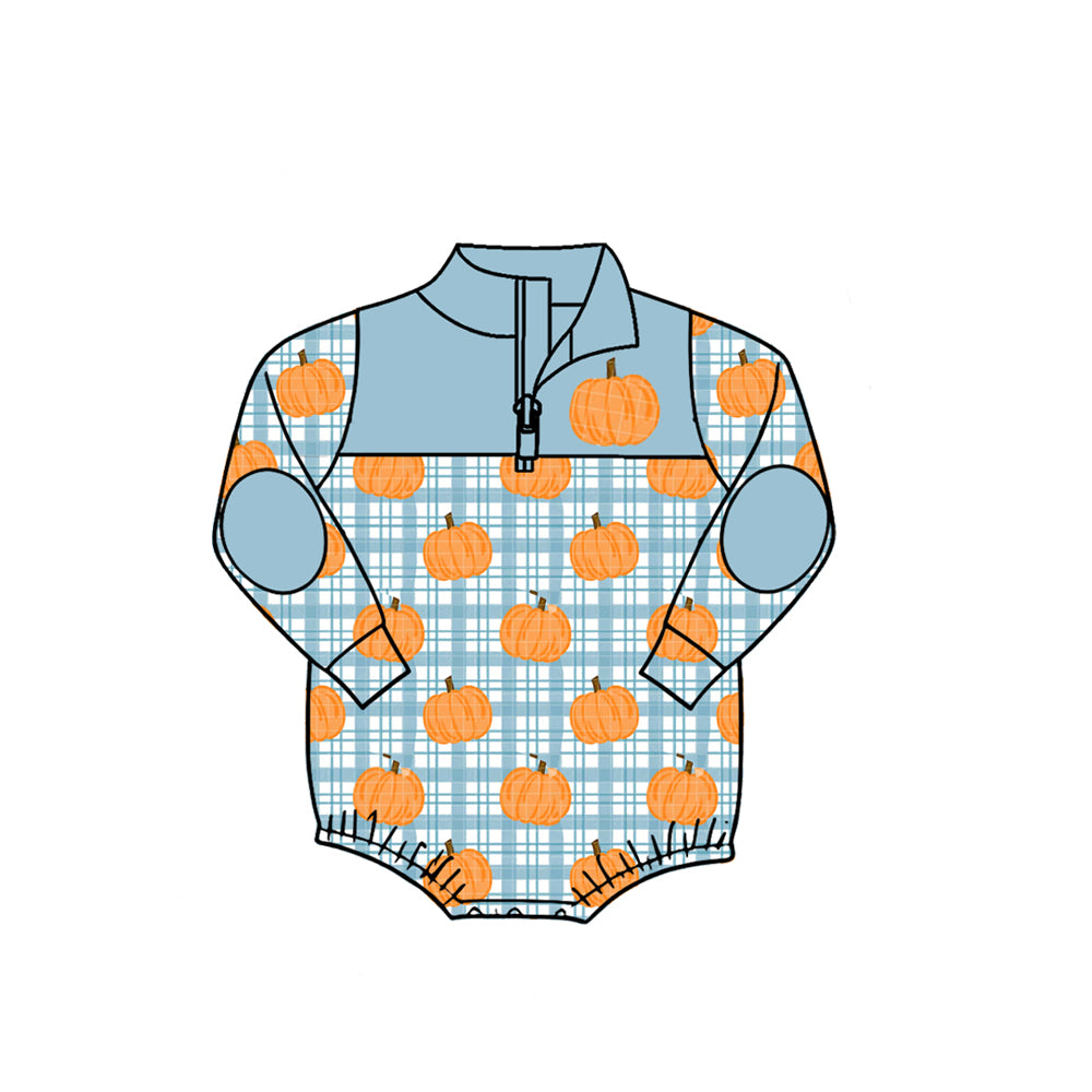 Preorder moq 5 Baby Boys Blue Checked Pumpkins Fall Zip Rompers