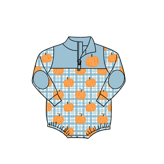 Preorder moq 5 Baby Boys Blue Checked Pumpkins Fall Zip Rompers