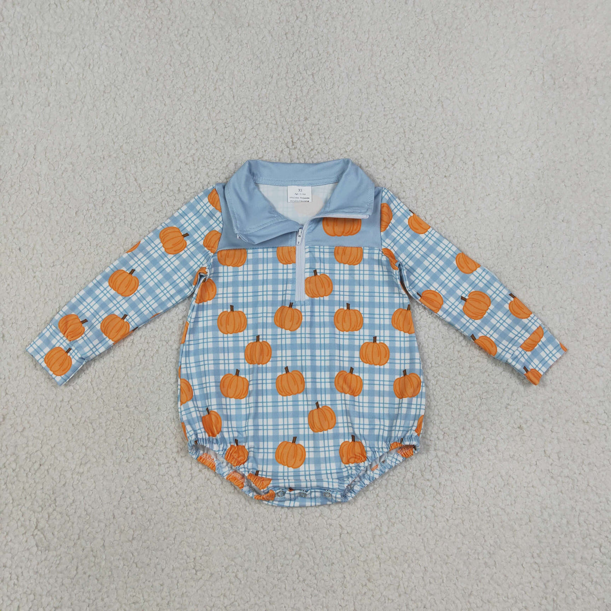 Baby Boys Blue Checked Pumpkins Fall Zip Long Sleeve Rompers