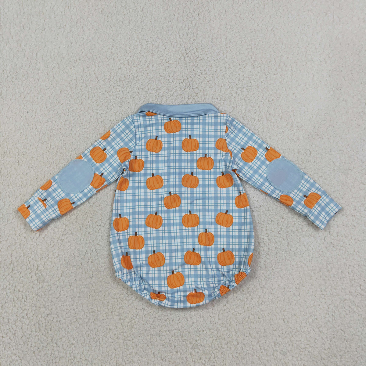 Baby Boys Blue Checked Pumpkins Fall Zip Long Sleeve Rompers