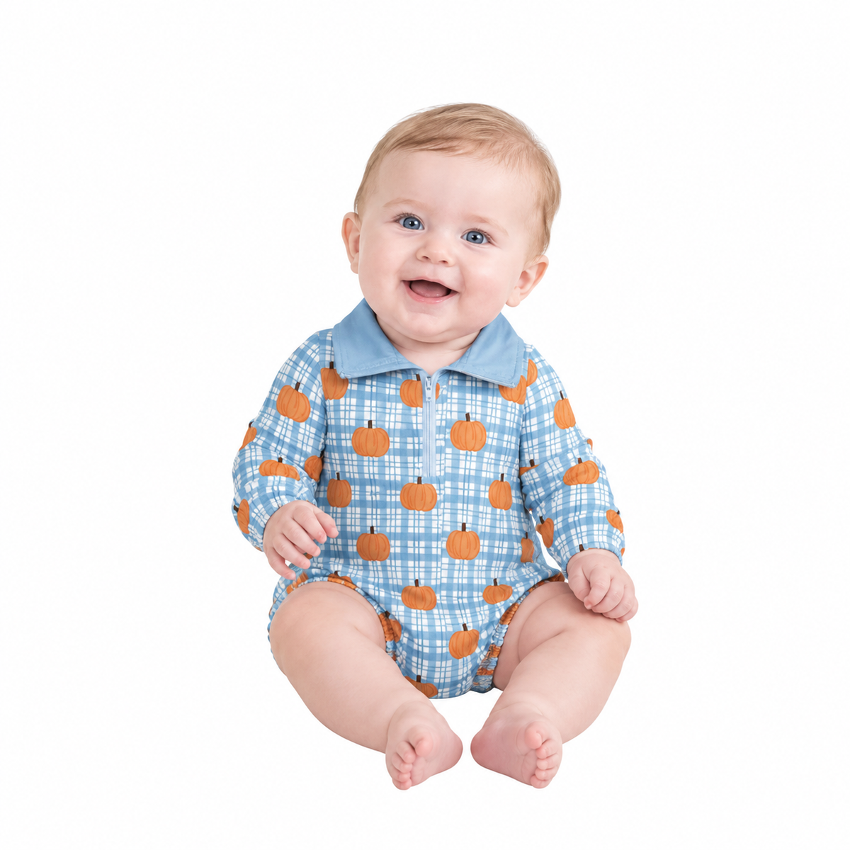Baby Boys Blue Checked Pumpkins Fall Zip Long Sleeve Rompers