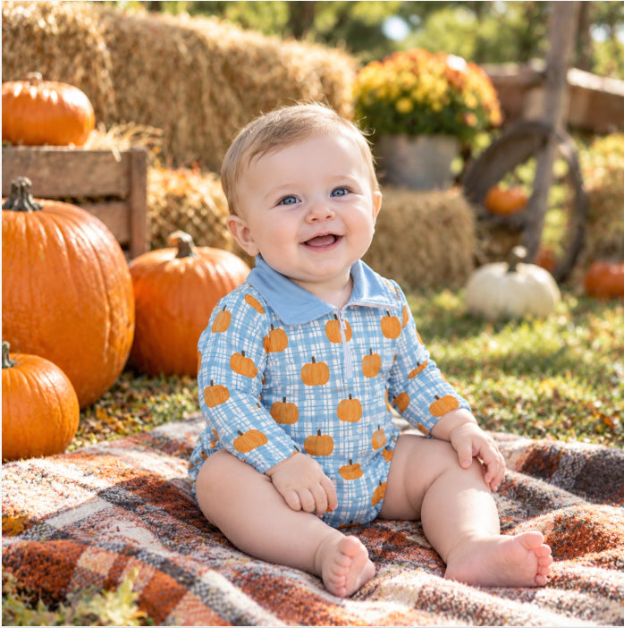 Baby Boys Blue Checked Pumpkins Fall Zip Long Sleeve Rompers
