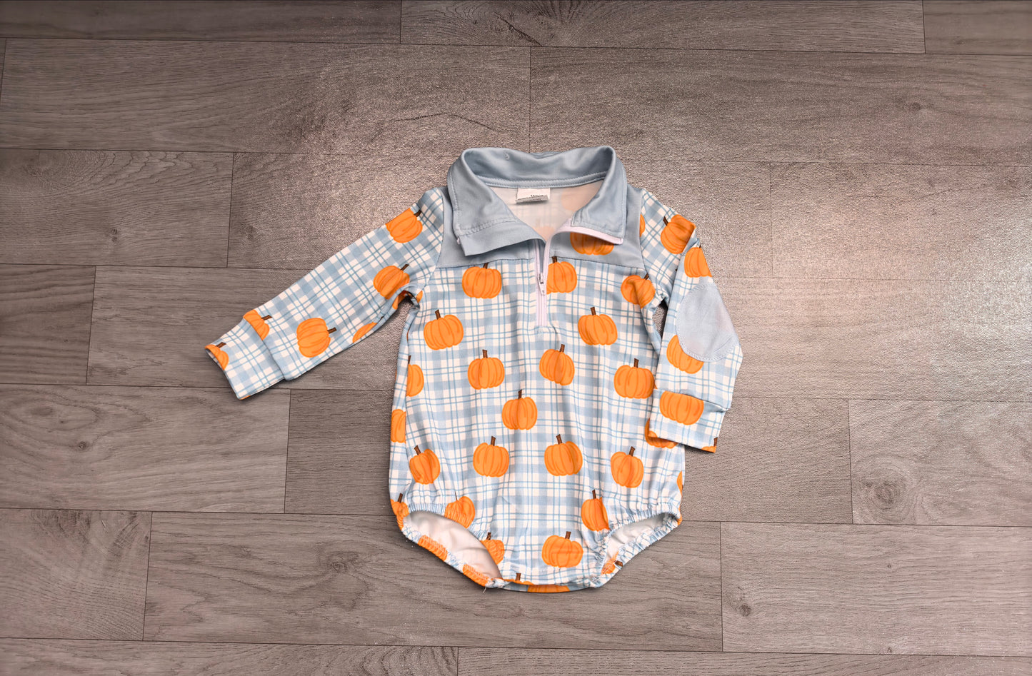 Baby Boys Blue Checked Pumpkins Fall Zip Long Sleeve Rompers Preorder