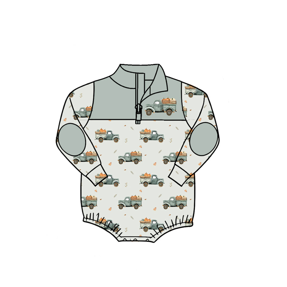 Preorder moq 5 Baby Boys Pumpkins Trucks Fall Zip Rompers