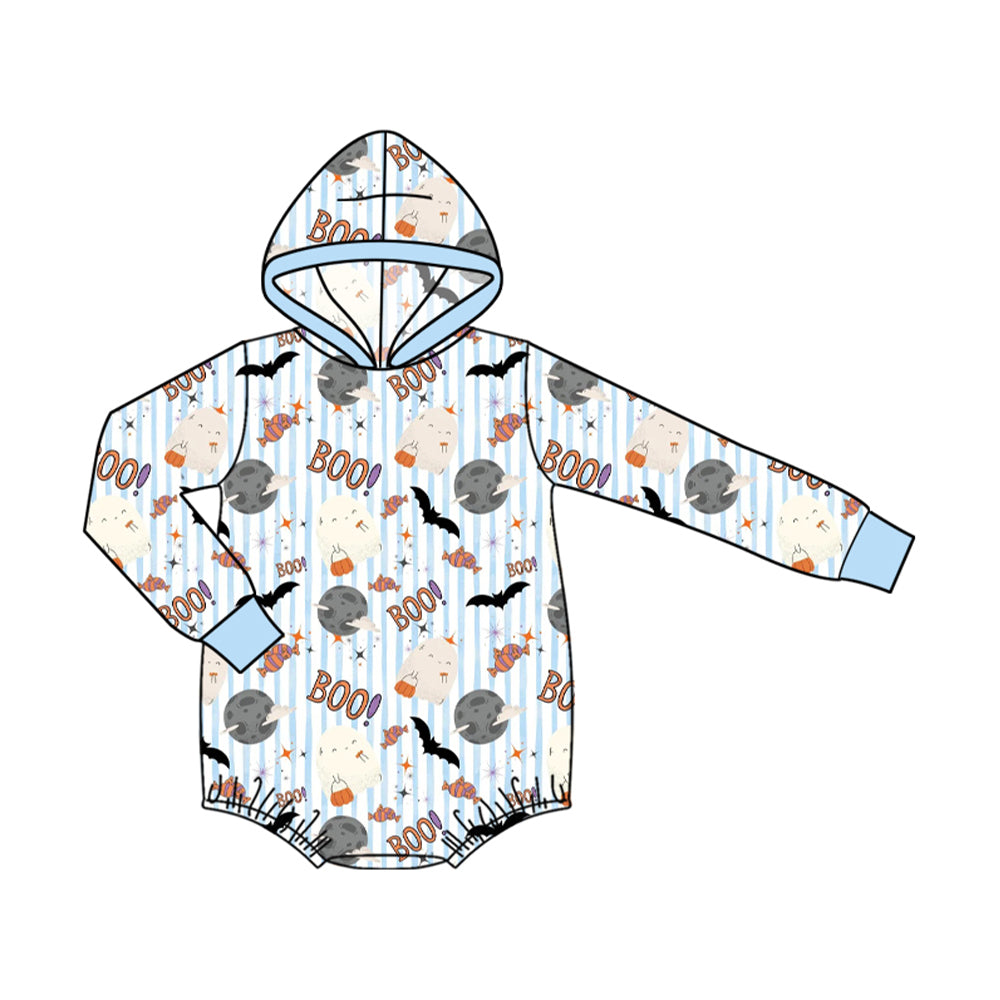 Preorder moq 5 Baby Boys Blue Stripe Ghosts Pumpkins Halloweens Hoodie Rompers