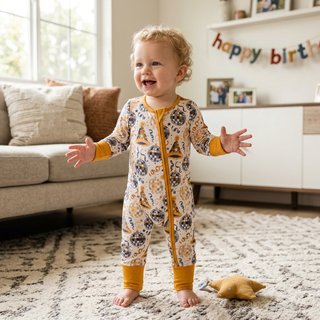Baby Boys Stars Lights Happy New Year Two Way Zip Convertible Rompers
