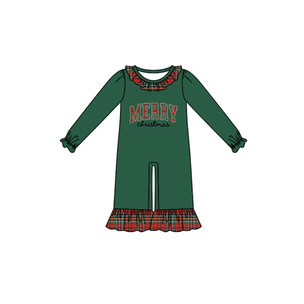 Preorder moq 5 Baby Girls Green Red Checked Merry Christmas Ruffle Pant Rompers
