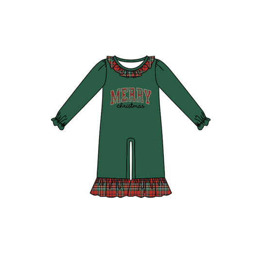 Preorder moq 5 Baby Girls Green Red Checked Merry Christmas Ruffle Pant Rompers
