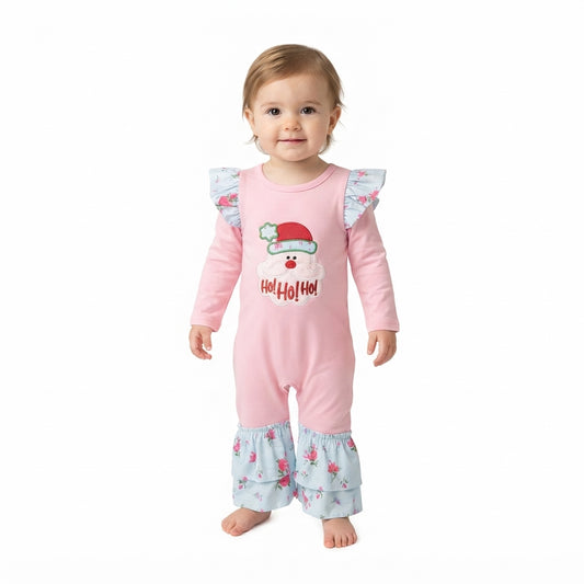 Embroidery Flowers Santa Baby Girls Christmas Ruffle Pant Rompers