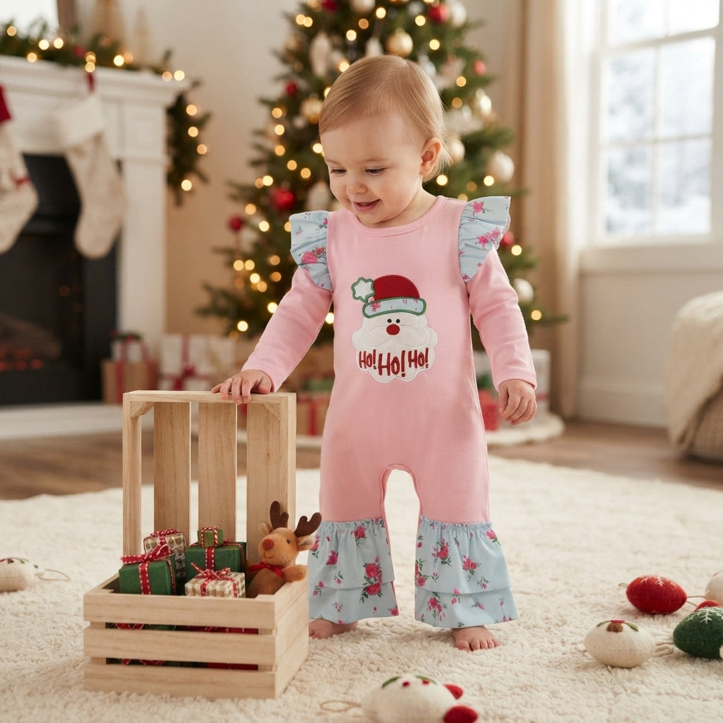 Embroidery Flowers Santa Baby Girls Christmas Ruffle Pant Rompers