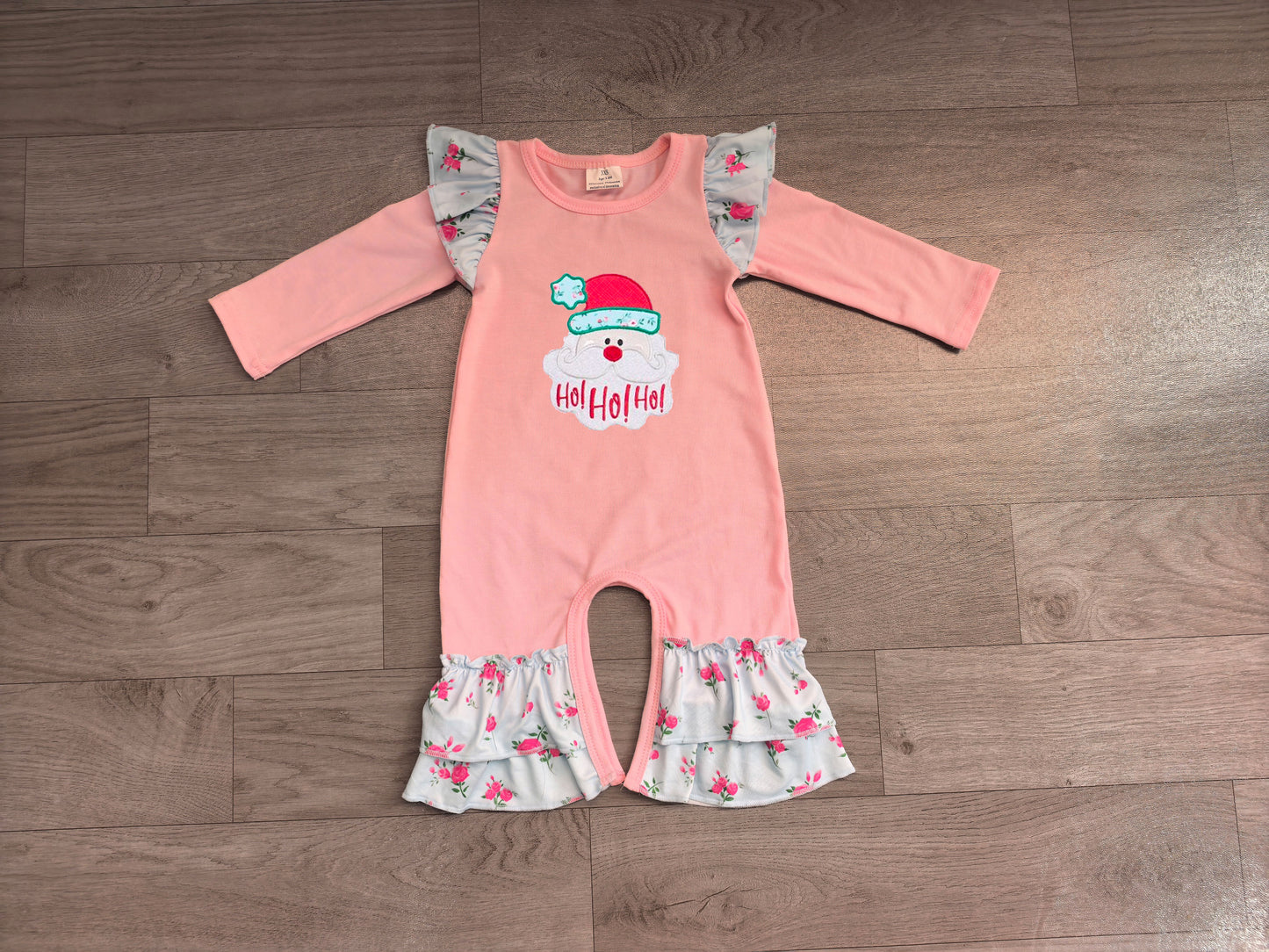 Embroidery Flowers Santa Baby Girls Christmas Ruffle Pant Rompers Preorder