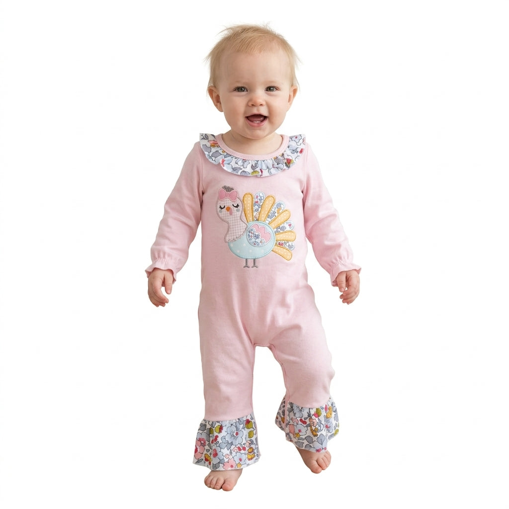 Embroidery Flowers Turkey Baby Girls Thanksgivings Ruffle Pant Rompers
