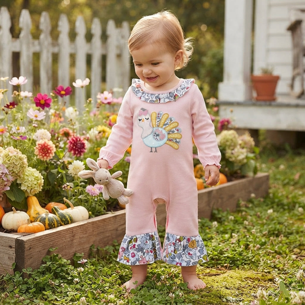 Embroidery Flowers Turkey Baby Girls Thanksgivings Ruffle Pant Rompers
