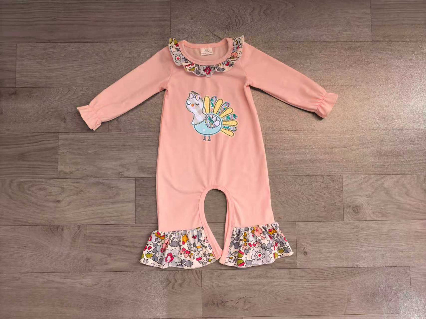 Embroidery Flowers Turkey Baby Girls Thanksgivings Ruffle Pant Rompers Preorder