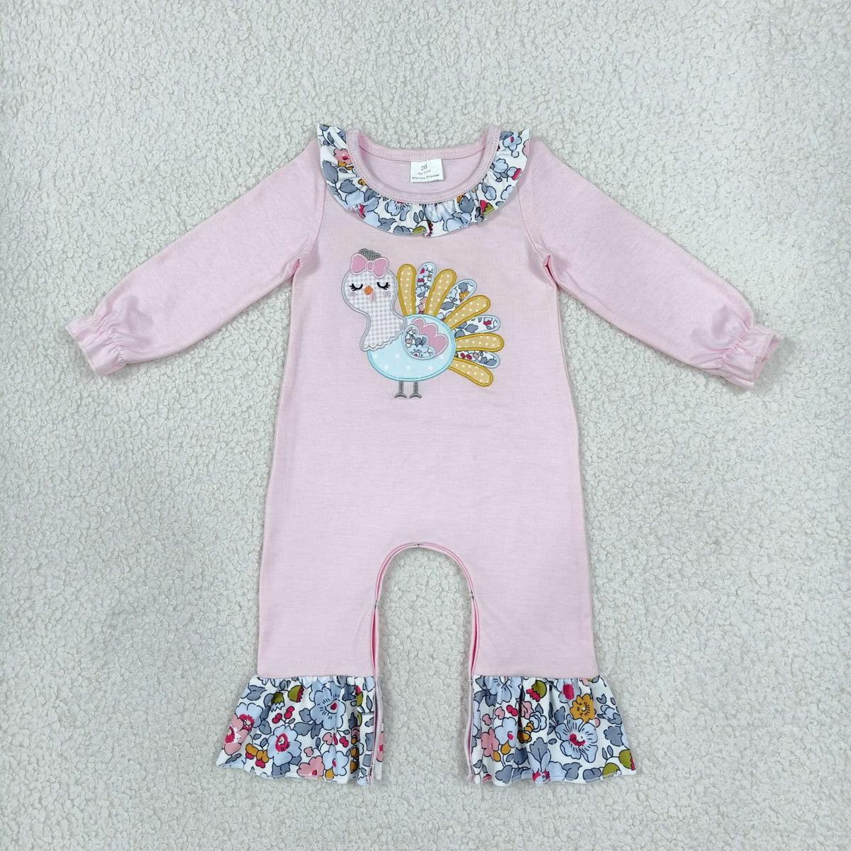 Embroidery Flowers Turkey Baby Girls Thanksgivings Ruffle Pant Rompers