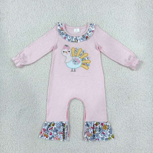 Embroidery Flowers Turkey Baby Girls Thanksgivings Ruffle Pant Rompers