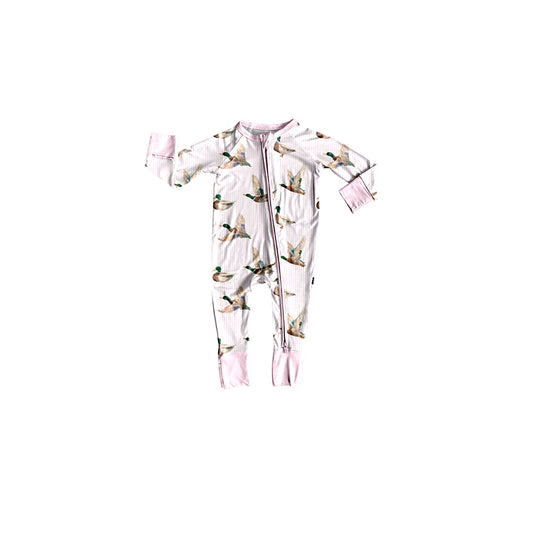 Preorder moq 5 Baby Girls Pink Stripe Ducks Hunting Two Way Zip Convertible Rompers